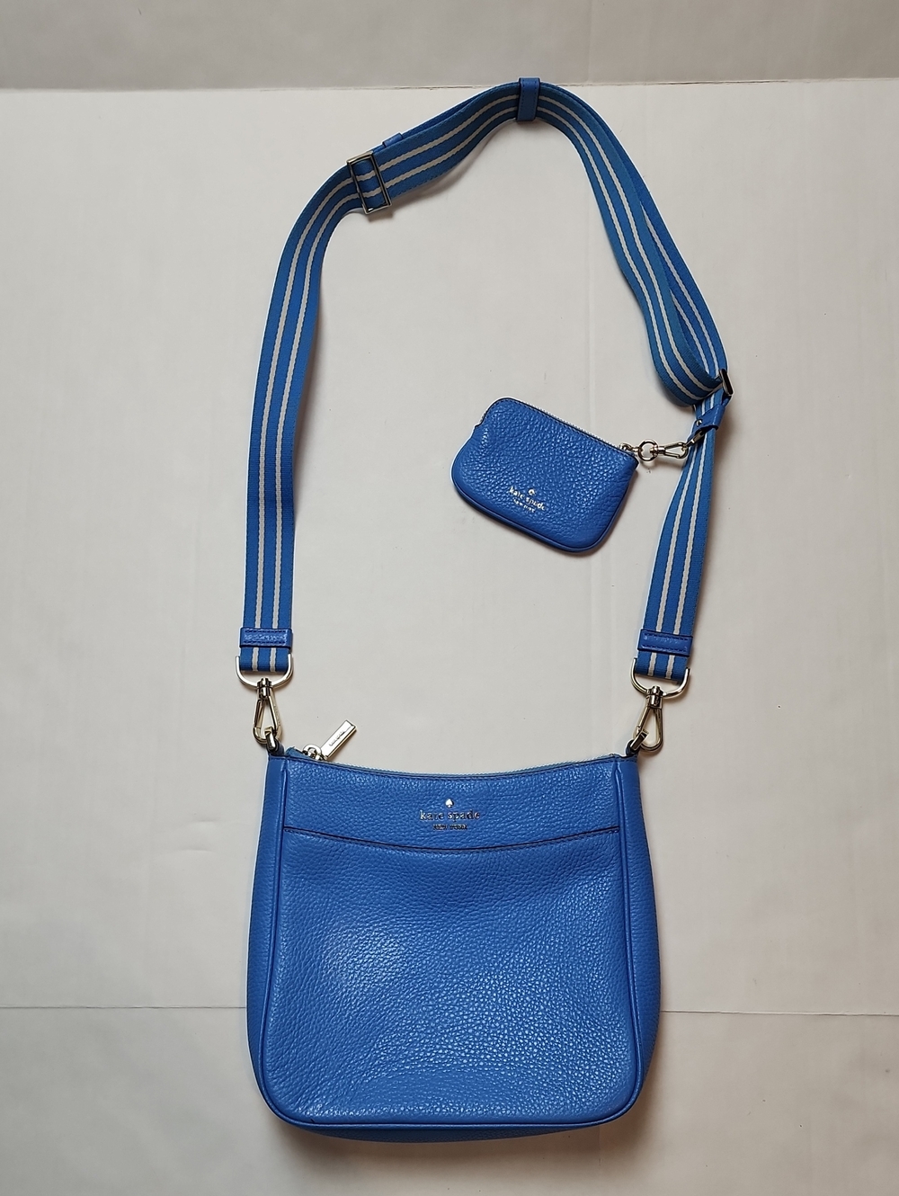 kate spade Bright Blue Pebbled Leather Crossbody with Striped Strap